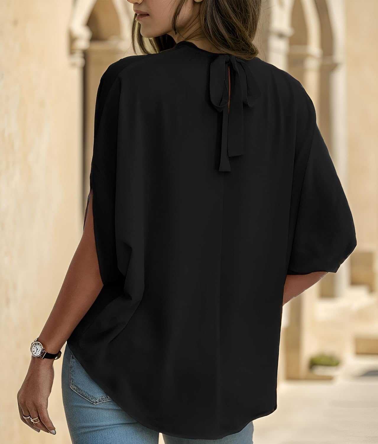 Womens Blouses Dressy Casual Mock Neck Batwing Sleeve Tops Loose Fit Tie Back Summer Tunic Tops - Image 5
