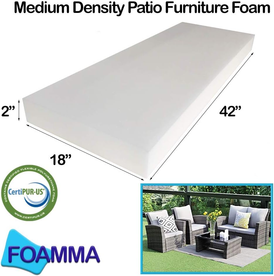 Foamma Medium Density Outdoor Cushion Replacement for Patio Furniture Premium Comfort and Support 2” x 18” x 42” Cover Not Included