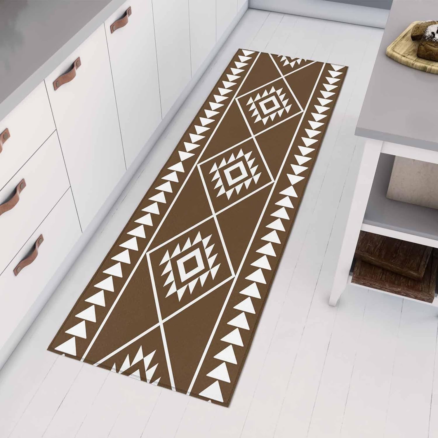 Teamery Kitchen Mats for Floor Ethnic Abstract Geometric Triangle Washable Non Slip Kitchen Rugs 1PCS, Brown White Tribal Art Absorbent Standing Mats for Sink Bathroom Office Living Room 23.6x70.9in