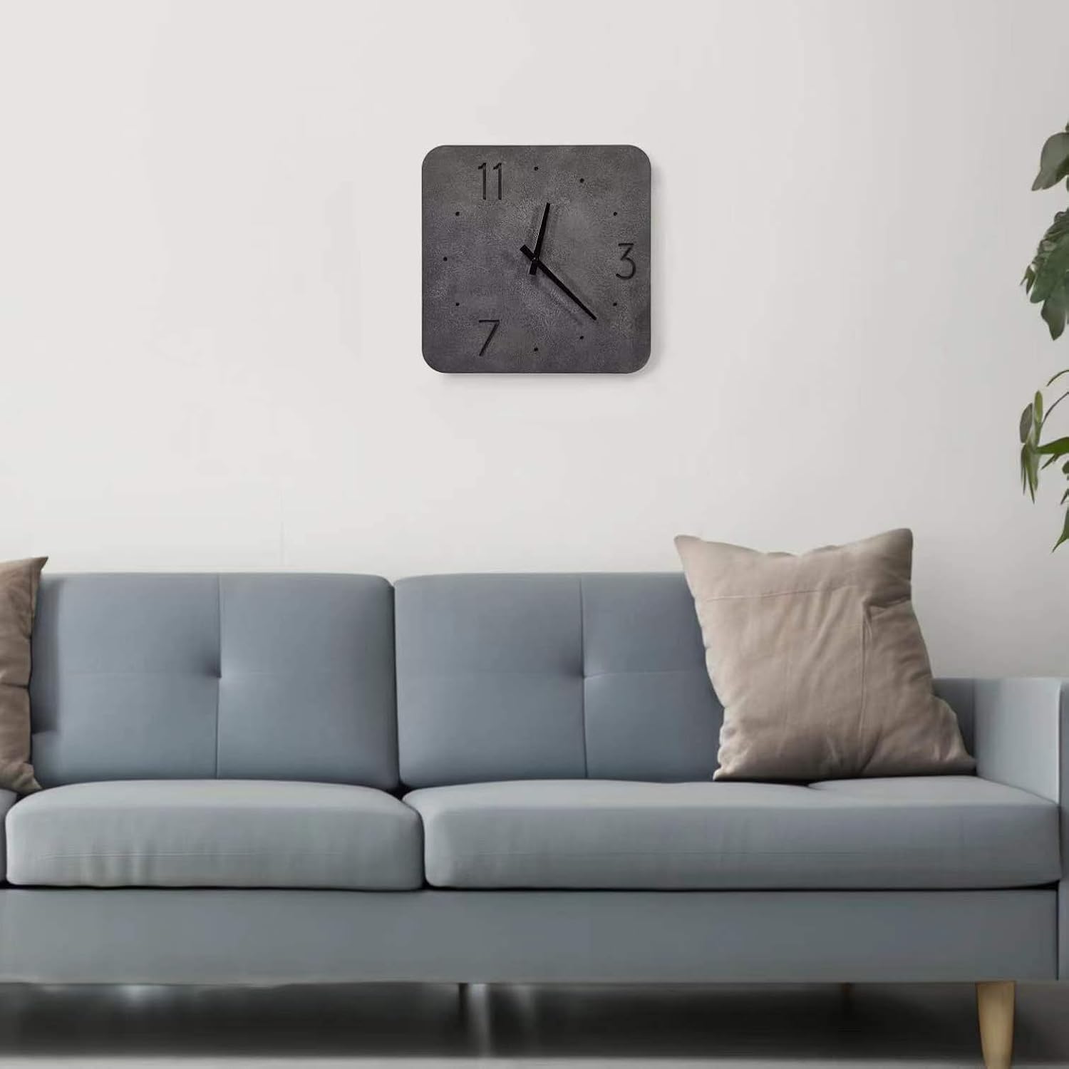 [PJ Collection] 12-Inch Cement-Accent Wood Clock, Cement Color Wood Clock, Square Wood Wall Clock, Industrial Style Wall Clock, Minimal Ticking Dial, Decorative Wall Clock, Battery Operated