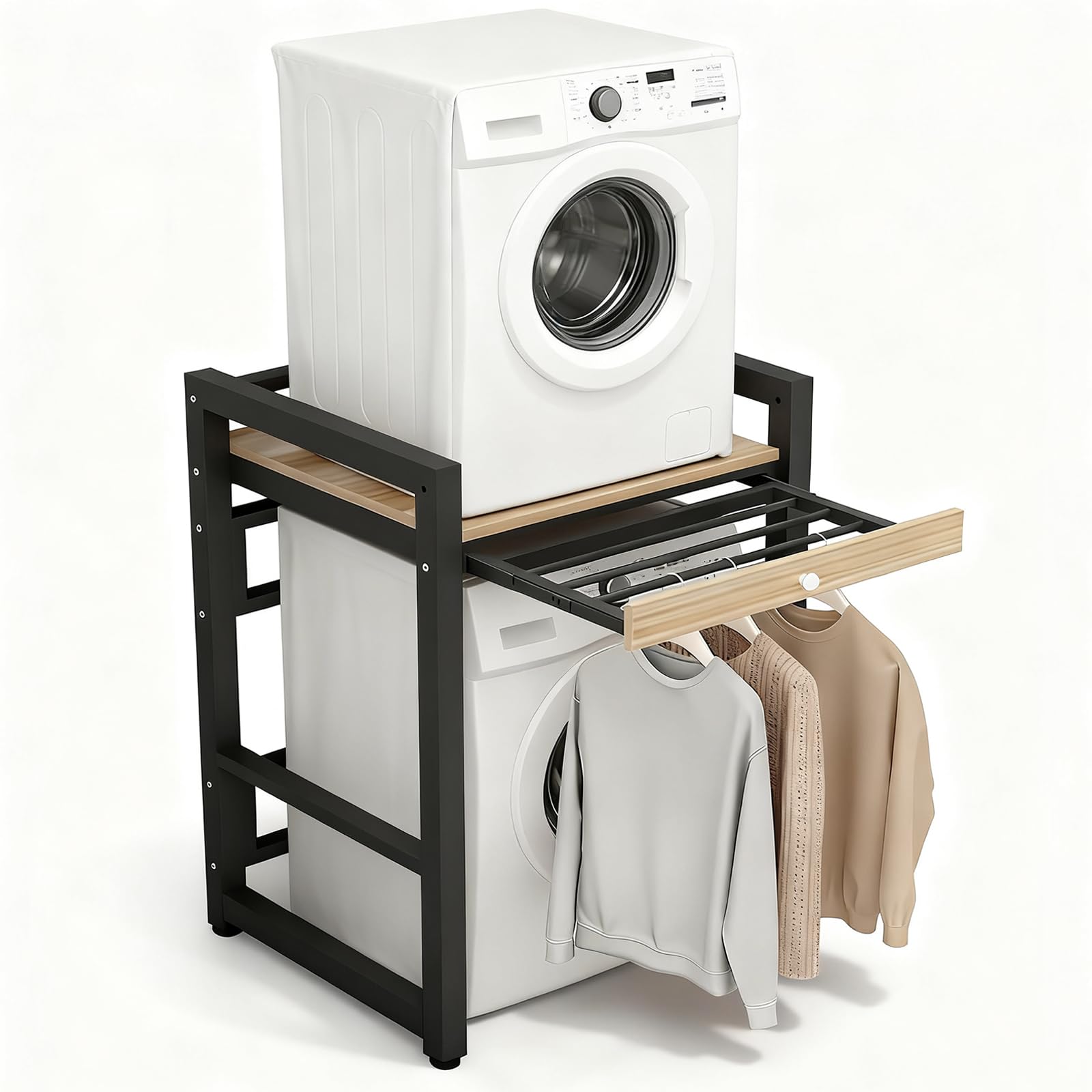 Lagerregal üBer Der Trommel Mit Stapelbaren Waschmaschine Und Trockner Racks-Portable WäScherei Racks bis Zu 300kg für üBer-Maschine Lagerung-mit Trocknungsstab (Schwarz)