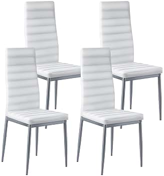 VEVOR Juego de 4 Sillas de Comedor de Estilo Moderno con Acentos, Tapizadas en Cuero, para Mesa de Comedor, Ahorra Espacio, con Cojines Gruesos y Patas de Metal, Color Blanco, 465 x 405 x 970 mm