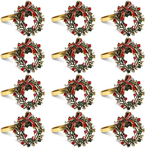 ZeeDix 12 Set Rhinestone Christmas Wreath Napkin Rings for Dinning Table Setting- Rustic Dinner Tables Setting Decoration for Wedding Receptions, Christmas, Thanksgiving Holiday Party Dinner Parties
