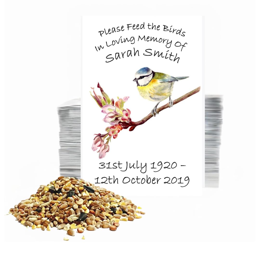 50 Funeral Bird Seed Packets – Personalised Remembrance Favour • Feed The Birds in Loving Memory • Memorial Condolence Gifts for Guests • Celebration of Life Keepsake (Blue Tit Branch)