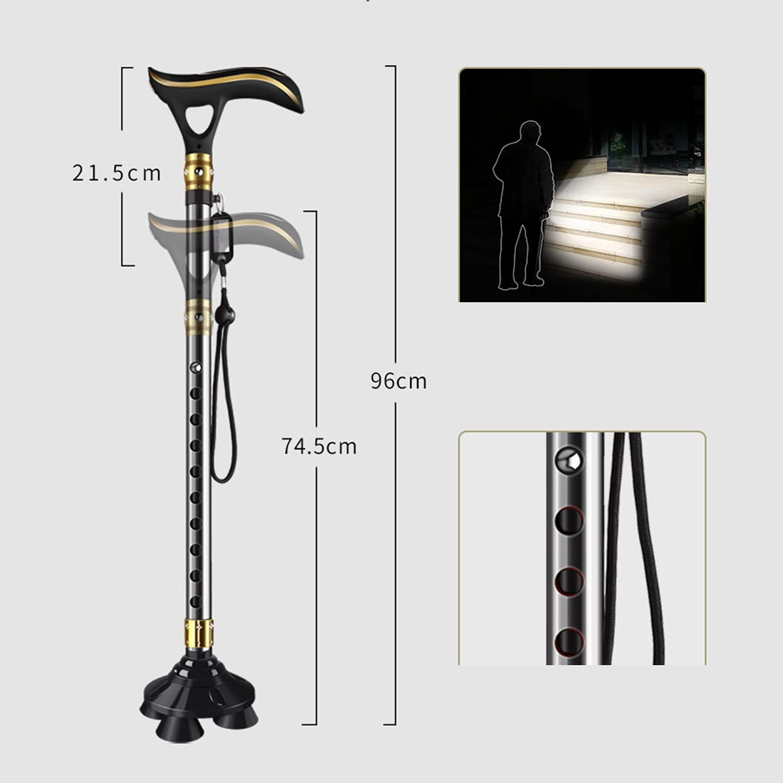 Bastón con luz LED para Hombres y Mujeres y Ayuda de Viaje de Movilidad Ligera telescópica no Plegable Ajustable en Altura (Color : Red)