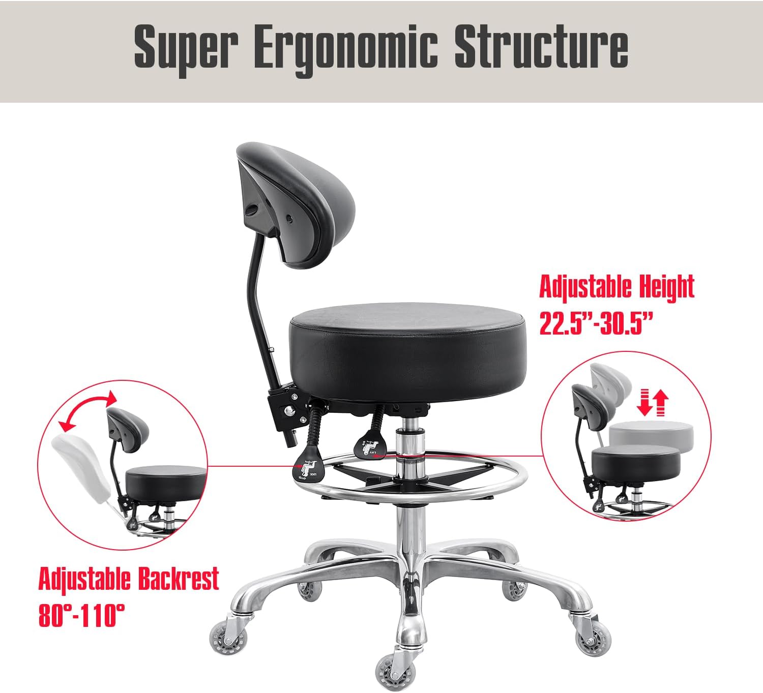 Grace&Grace Drafting Chair Big Cushion Rolling Stool with Back, Tall Shop StoolRolling Chair with Footrest for Studio, Workshop, Classroom, Lab, Counter, Home Office (Black)