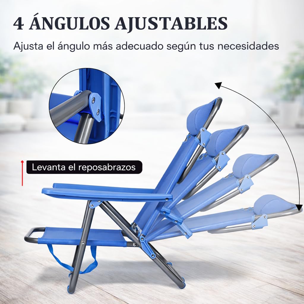 T-LOVENDO.ES Pack de 2 Sillas de Playa Reclinables Plegables con Reposacabezas | Sillas Portátiles para Jardín, Camping, Piscina, Terraza | Estructura de Acero Ligera y Tela Transpirable Resistente