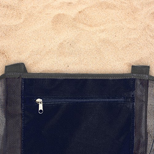 Dejaroo: Mesh Sand Free Bag - Strong Lightweight Tote For Beach & Vacation Essentials. Tons of Storage with 8 Pockets, Foldable, 17x9x15 inches, Black with Black Straps