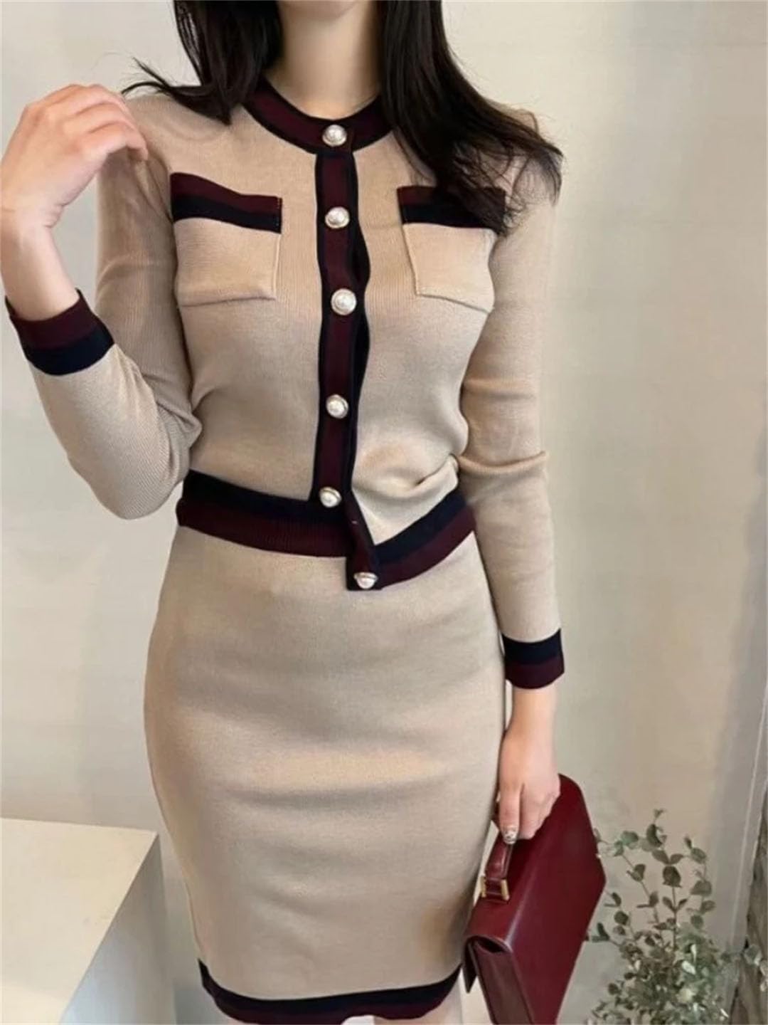 Set gonna da donna a maniche lunghe, tasche + gonna al ginocchio a vita alta in maglia, 2 pezzi