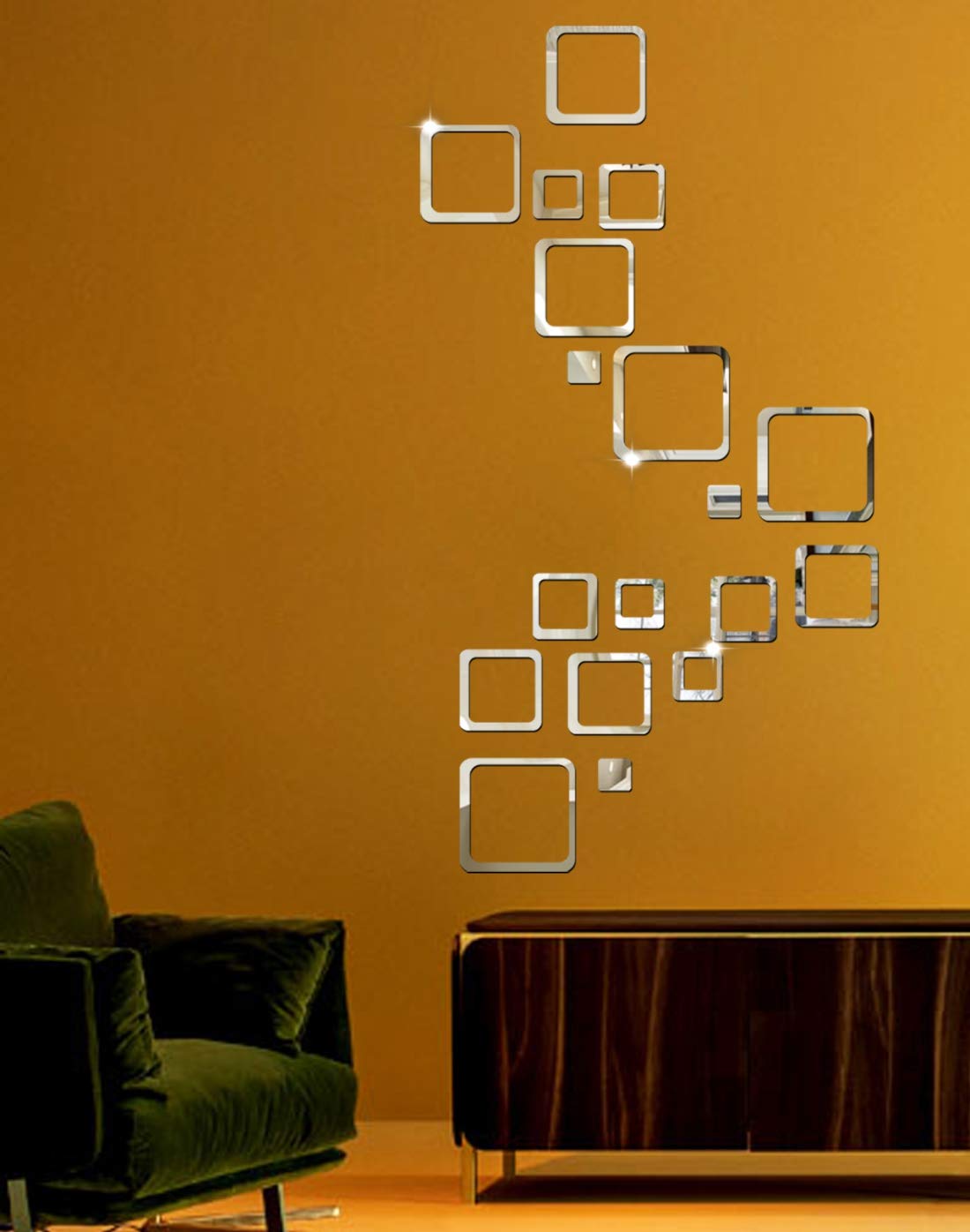 Walltech Square 3Set Silver 3D Mirror Acrylic Wall Sticker for Home Decor