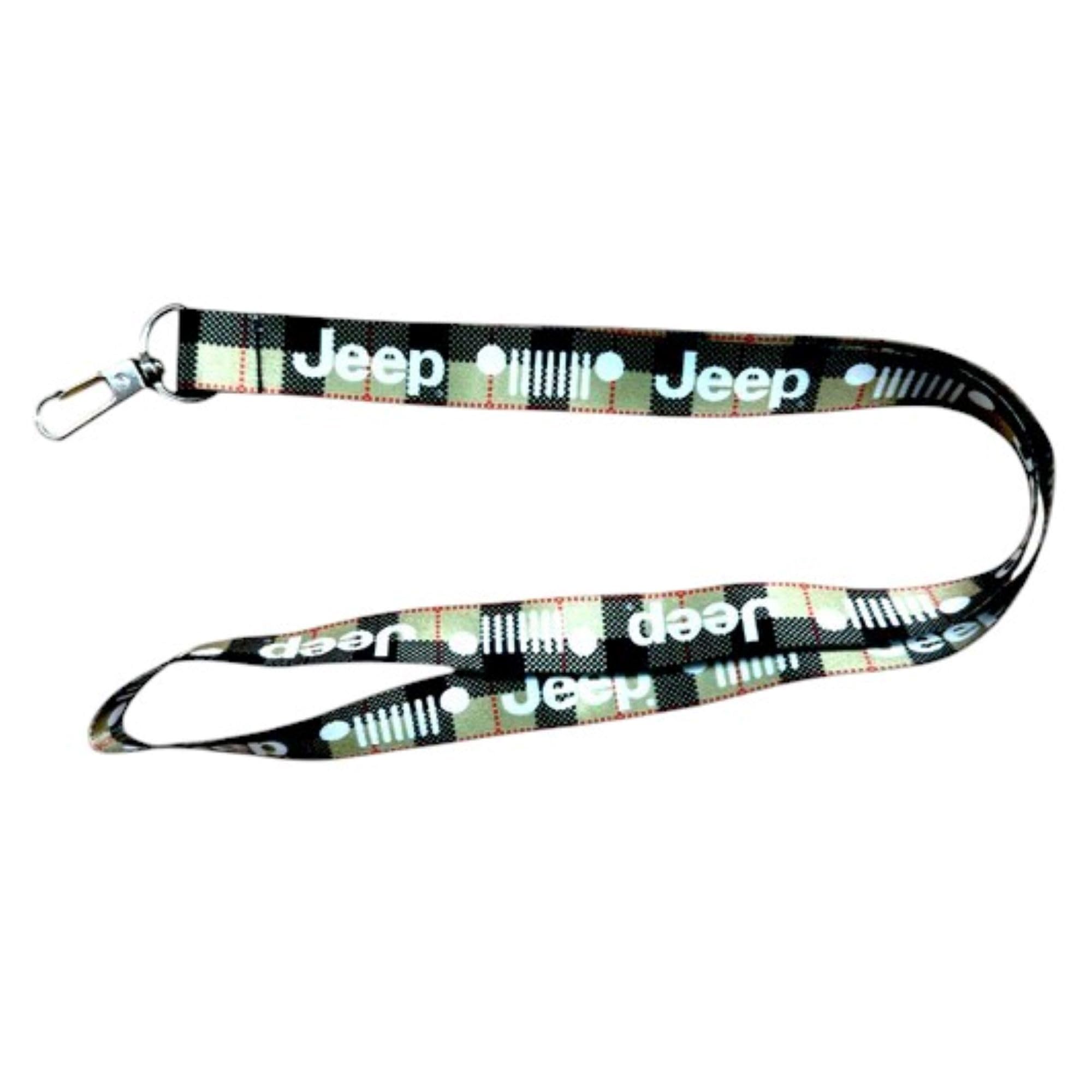 Jeep Patrón de tartán con texto y logotipos de rejilla, cordón de 18 pulgadas, cierre de mosquetón giratorio para llaves, soporte de insignia, tarjetas de identificación, tarjetero y llavero, Negro,