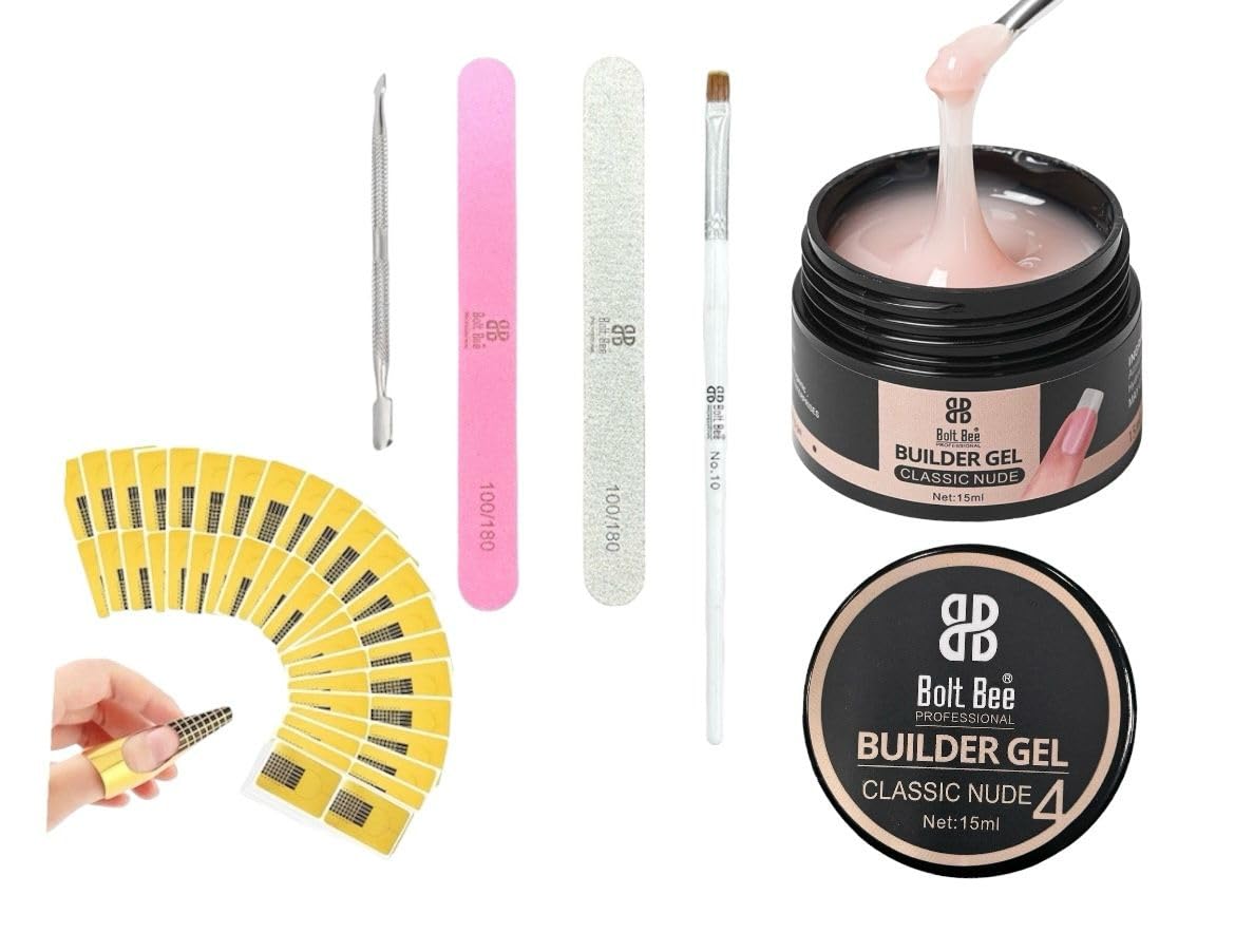 Bolt bee Builder Gel Nail Kit, Nail Extension Kit For Beginners, Builder Gel 15 ml, 50 Nail Form Stickers, Nail File & Buffer, Nail Extension Brush & cuticle puser (classic nude)