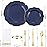 NOCCUR 175PCS Blue Plastic Plates with Disposable Silverware - Include 50 Blue Disposable Plates with Gold Rim,75 Gold Cutlery,25 Cups,25Napkins for Party/Hanukkah/Christmas