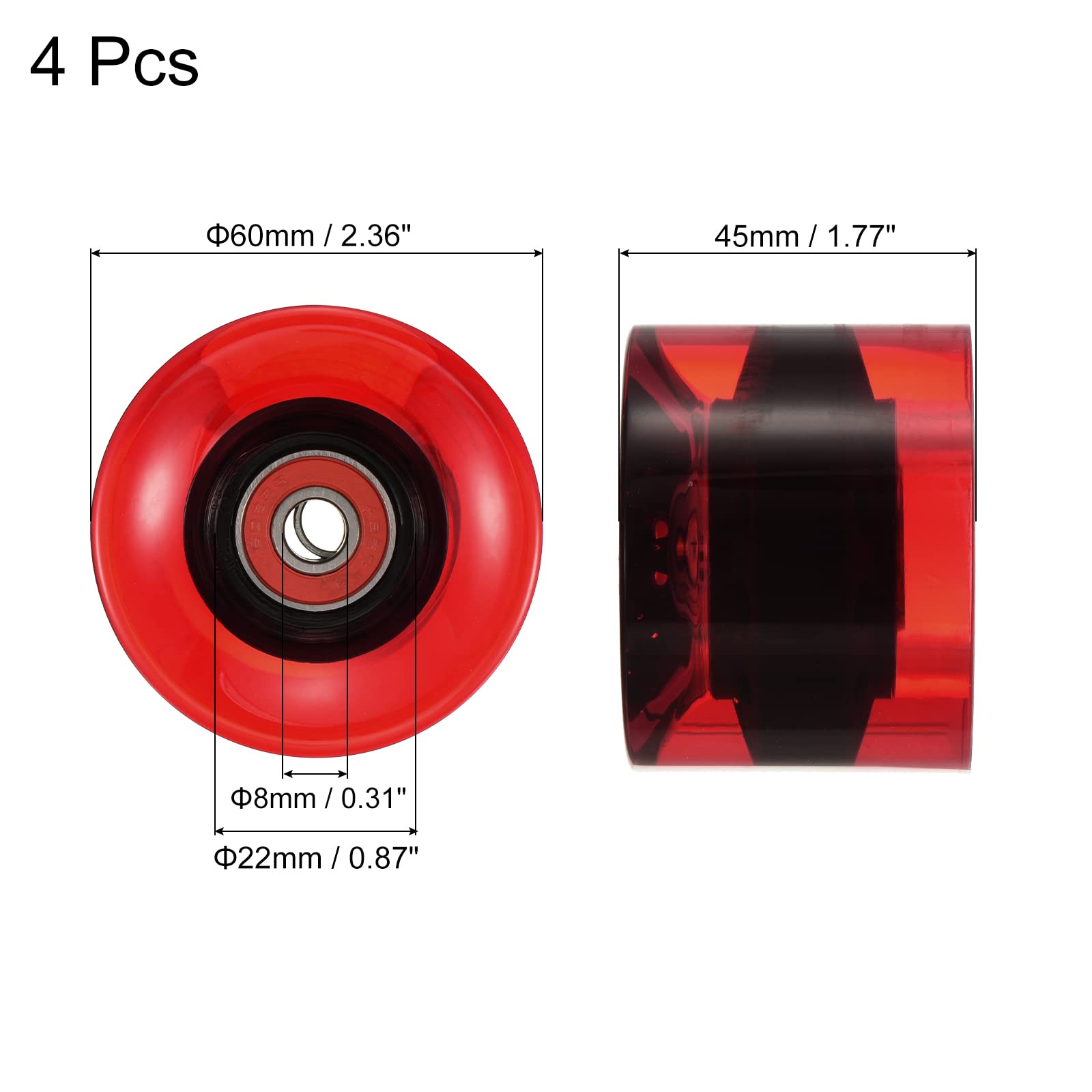 PATIKIL 60mm Longboard Ruote con Cuscinetti ABEC-9, 4pz Street Ruote per Skateboard Cruiser Ruota Sostituzione 80A, Trasparente Rosso