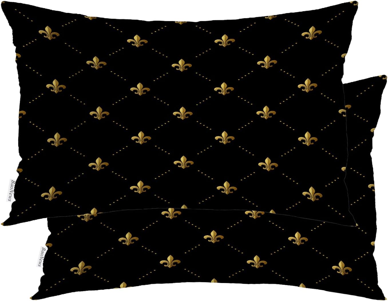 Black French Fleur De Lis Throw Pillow Covers,Golden Pastoral Flowers Cushion Cover Digital Blended Hidden Zipper Decorative Pillowcases for Bedroom Lumbar 20X26 in 2 Pcs