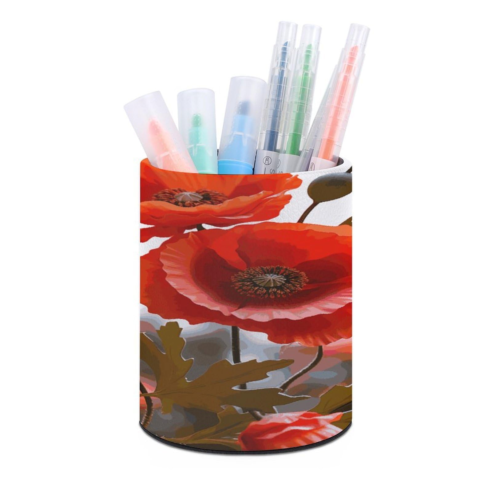 FekiLoot Poppy Flowers Vivid Petals Pen Holder Cup Fashion PU Leather Pencil Cup Minimalist Pen Organizer Round Pencil Holder Stand Work Locker Accessories for Decoration Desk Office Home