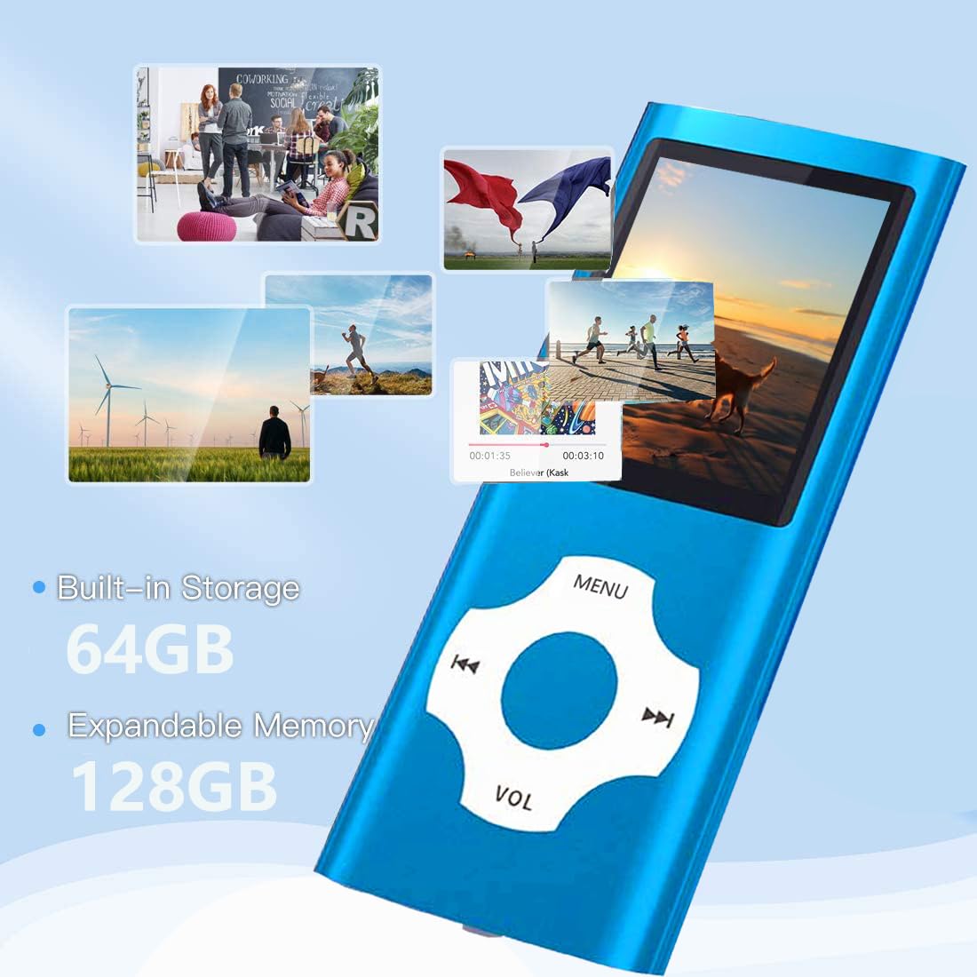 Hotechs MP3-Player/MP4-Player, MP3-Player mit 32 GB Speicherkarte, schlankes Design, digitales LCD-Display, 4,6 cm (1,8 Zoll) Display, FM-Radio