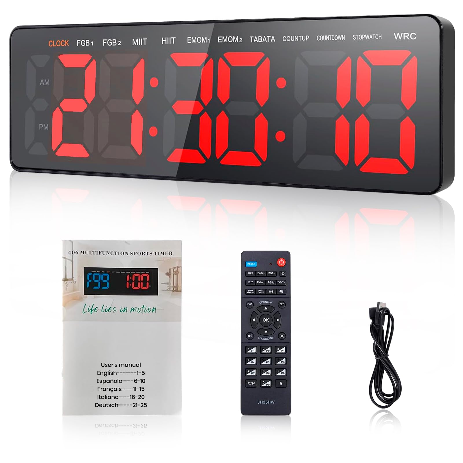 Timer Palestra da Parete,13.2" Orologio da Parete Digitale, Gym Timer Intervallo Fitness LED con CountDown/Up Cronometro, Luminosità & Volume Regolabile, Telecomando per Casa Garage Esterno