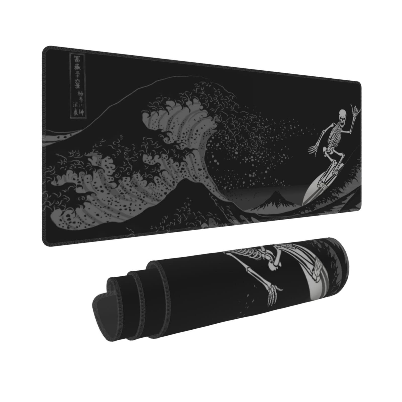 Gianlaima Black The Great Wave Off Kanagawa Painting Rocker Skeleton Sufring Mouse Pad XL Extended Desk Mat, Non Slip Rubber Base Stitched Edge Gaming Pc Desktop Large Mice Pad,31.5 X 11.8 Inch