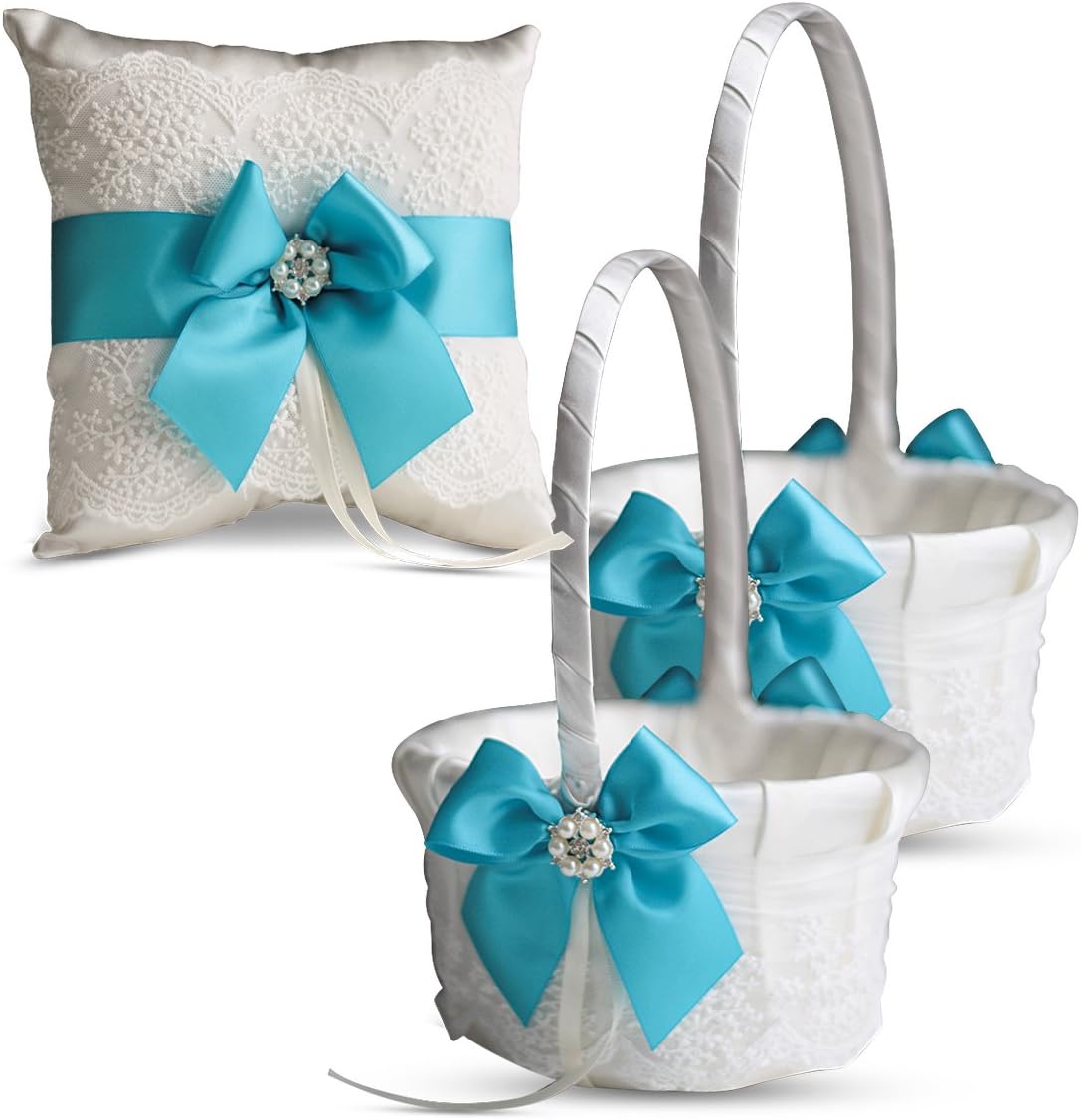 Ivory Ring Bearer Pillow and Basket Set | Lace Collection | Flower Girl & Welcome Basket for Guest | Handmade Wedding Baskets & Pillows (Scarlet RED)