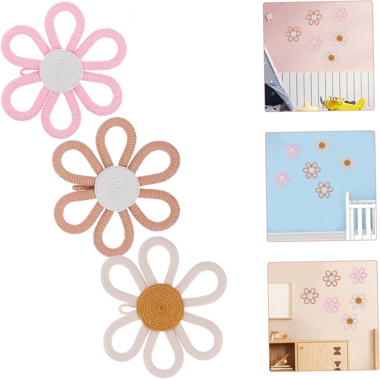 6pcs Boho Flower Wall Decor for Nursery Woven Daisy Art Sign Floral Hanging Pendant for Boys and Girls Bedroom Each