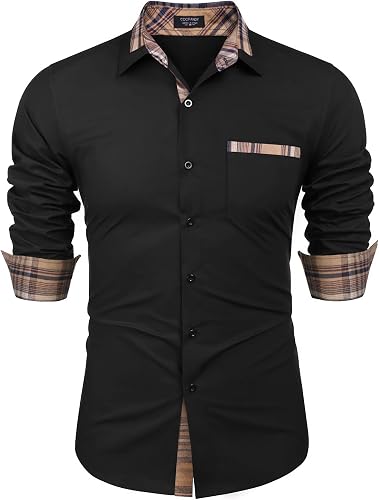 COOFANDY Herren Langarmhemd Karierter Kragen Lässiges Button-Down-Hemd Schwarz L
