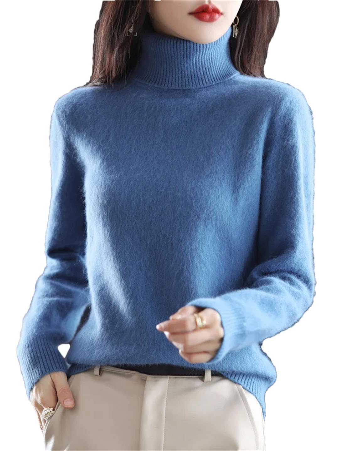 Damski sweter z golfem w jednolitym kolorze, wąski, miękki, ciepły, długi rękaw, Przydymiony niebieski, XL