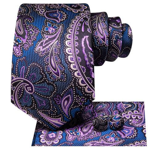 Image of Hi-Tie Men 63inches Tie Set Extra Long Necktie Paisley Tie Pocket Suqare Cufflinks Big and Tall Men Tie