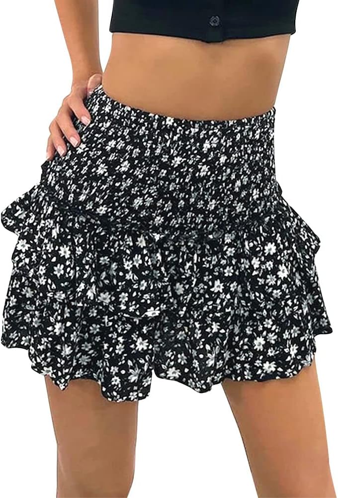 ABAFIP Women Ruffle Mini Skirt Smocked High Waist Floral Print Boho Pleated Layered Short Skirts