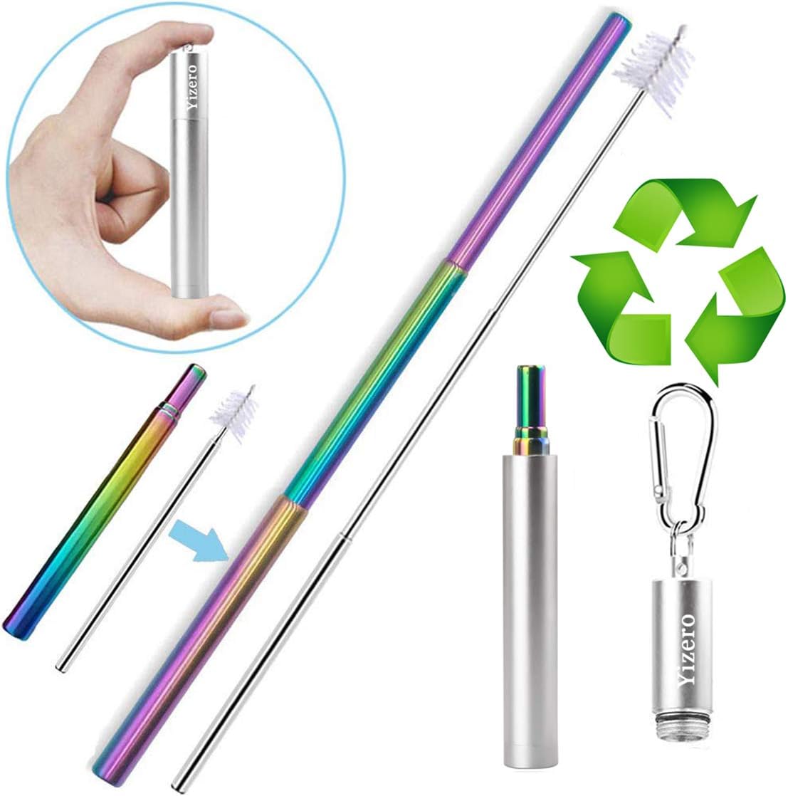 Yizero Reusable Straw with Case, Keychain and Cleaning Brush, Portable Collapsible Stainless Steel Metal Straw Drinking Reusable (Dishwasher Safe)