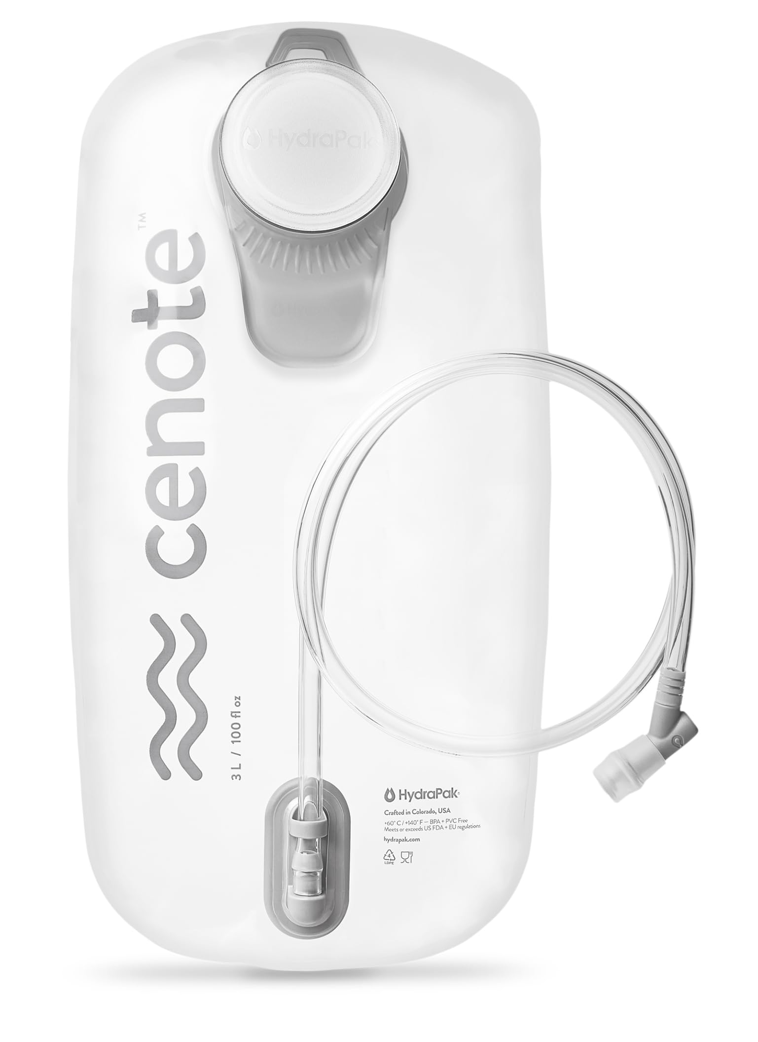 HydraPakCenote (2L or 3L Hydration Reservoir) - Everyday Water Bladder Made in The USA, Fits Most Packs - Leak-Proof Cap, No-Kink Tube and Self-Sealing Valve