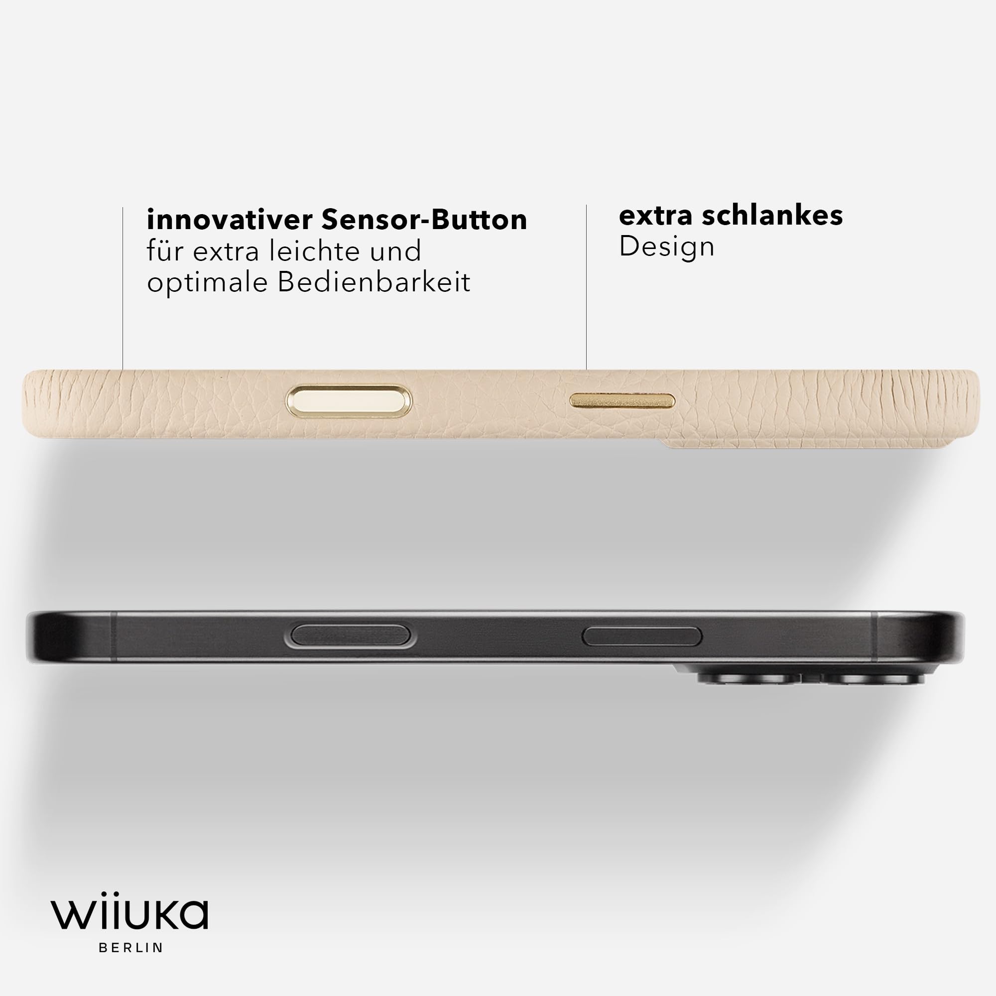 WIIUKA Custodia per iPhone 17 Pro Max, in pelle dalla Germania, in pelle per cellulare, custodia di alta qualità, con catena a tracolla, anello per sci, beige crema