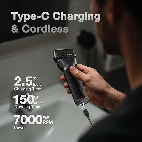 Miniatura 6 de Maquinilla de afeitar eléctrica profesional para hombres, afeitadora de papel de aluminio impermeable y recortadora de barba con 2 cabezales