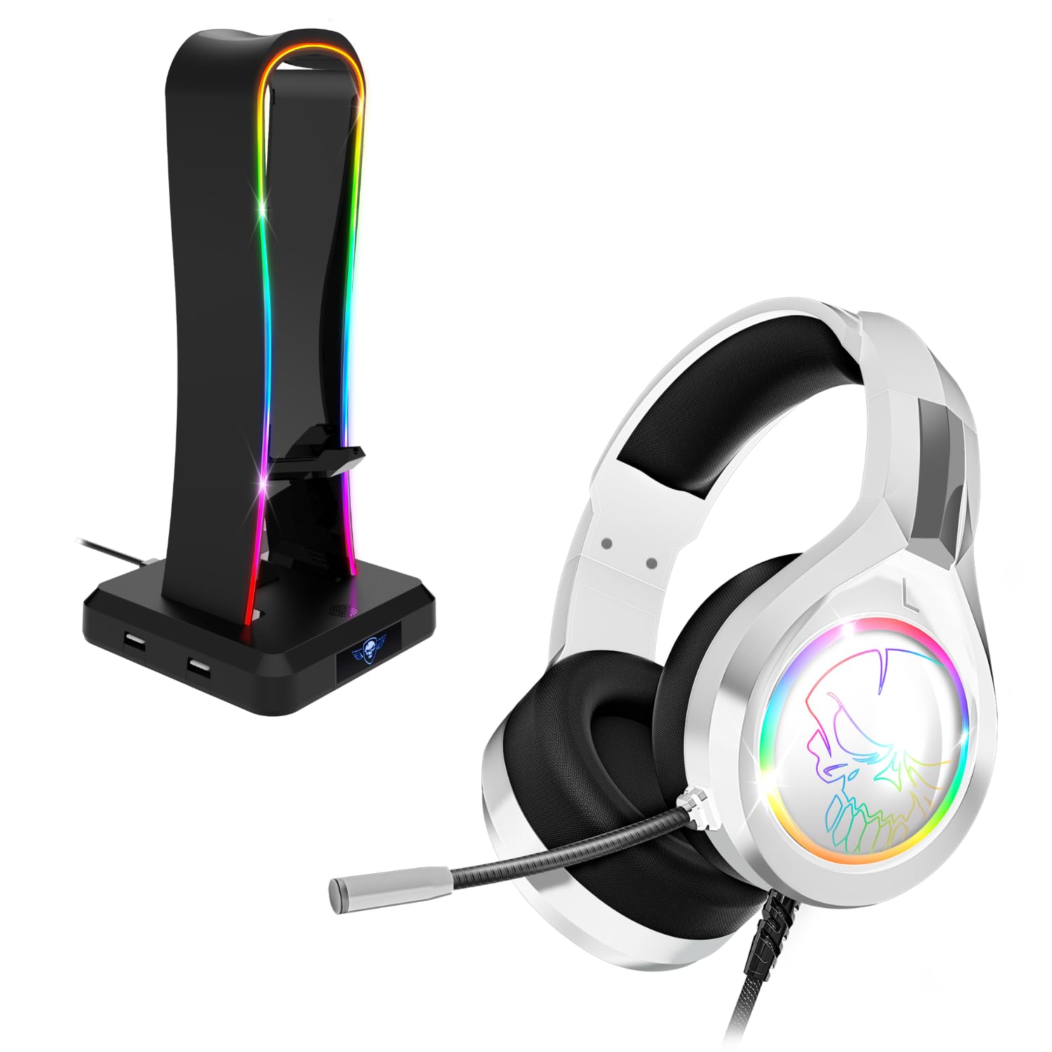 Spirit Of Gamer, Pack Casque + Support RGB, Casque Gaming Blanc Filaire RGB avec Micro, Compatible PS5, PS4, Xbox, Switch & PC, Porte Casque Gaming Multifonction 11 Effets Lumineux