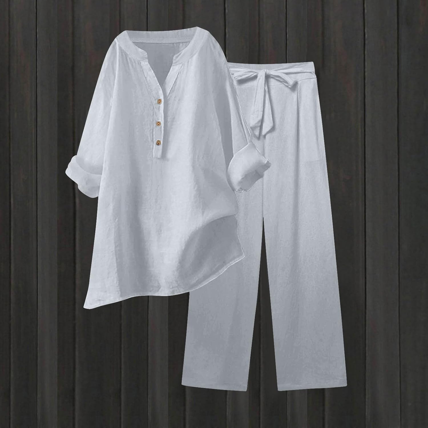 Cotton Linen Sets for Women 2 Piece Long Sleeve Button Shirts & Wide Leg Trousers Loose Dressy Matching Set Outfits