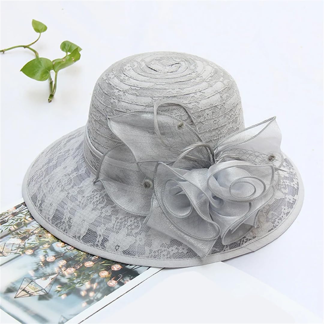 Yeuyyben Elegante cappello da sole in organza con fiore per donne a tesa larga chiesa signora tea party cappello da sole spiaggia cappello