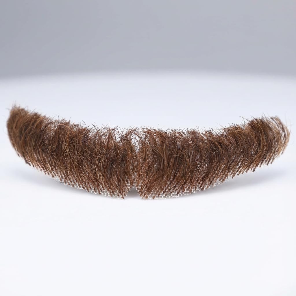 Curly Brown Fake Beard & Fake Mustache for Men – Real Human Hair, Hand-Tied Lace, Reusable Natural-Looking Costume Facial Hair for Cosplay, Theater & Halloween