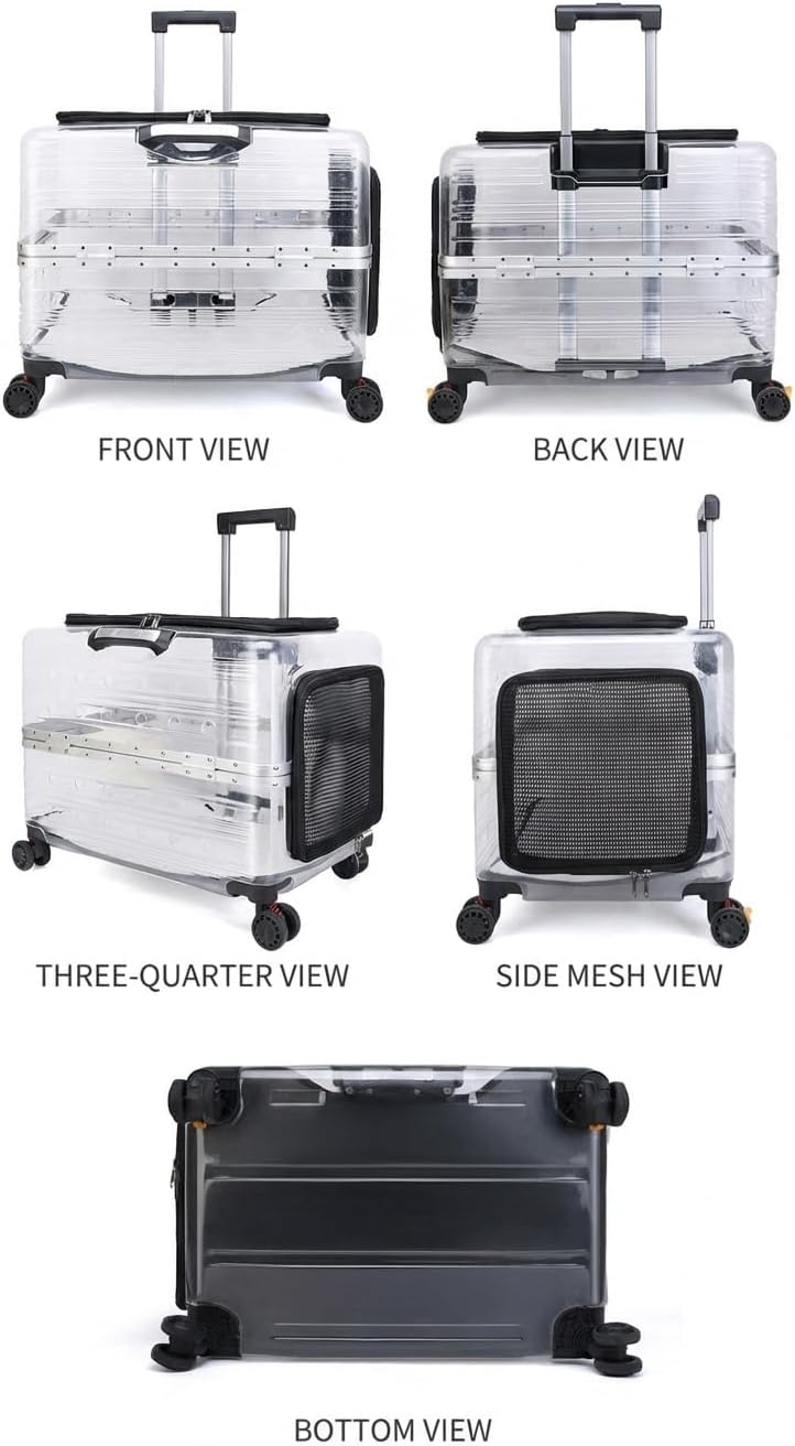 Large Capacity Transparent Pet Carrier with Wheels, Airline Approved Rolling Pet Travel Crate for Dogs & Cats, Portable Hard Shell Pet Luggage (Black)