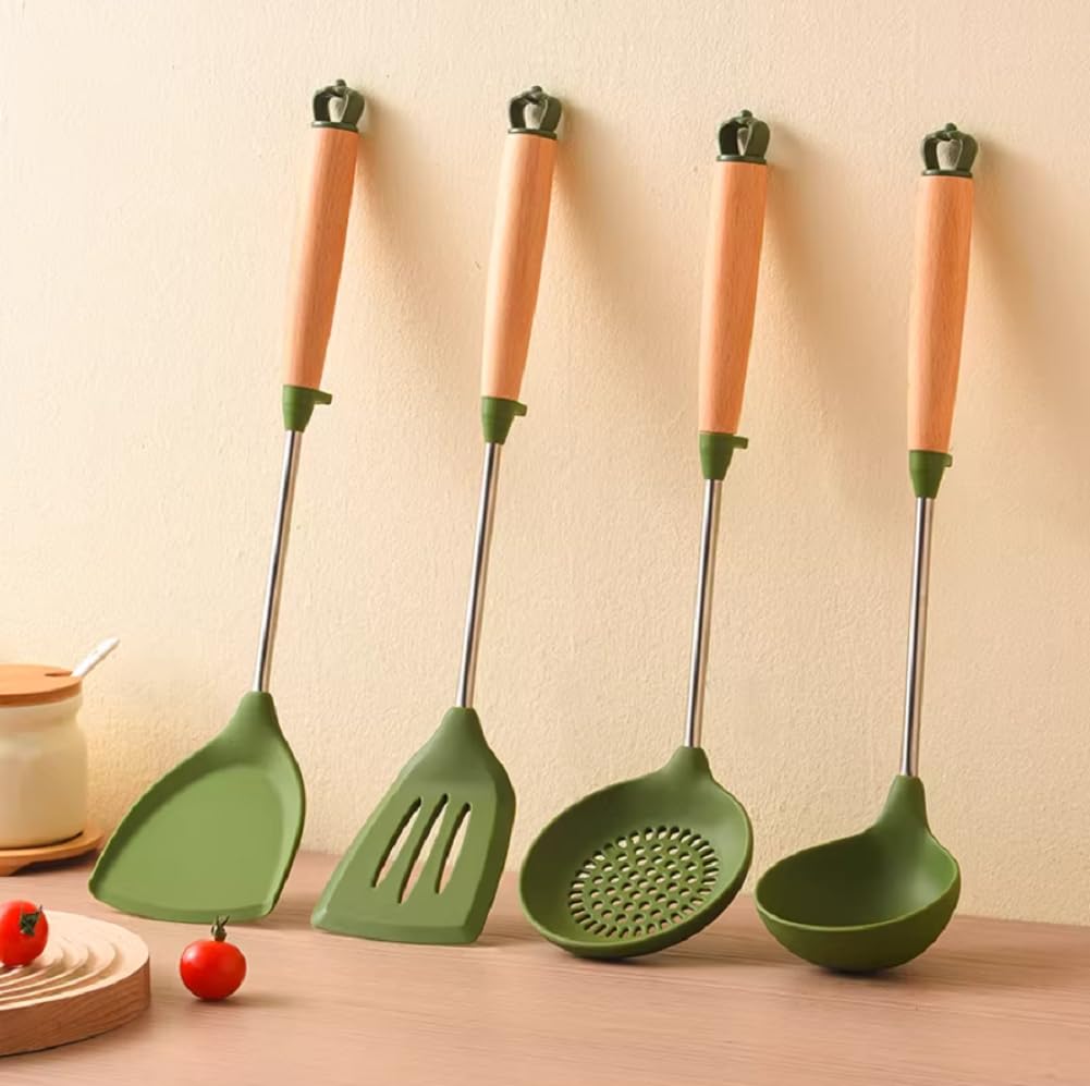 Set di spatole in silicone, resistenti al calore, cucchiaio scanalato e spatole, senza BPA, lavabili in lavastoviglie, 4 utensili da cucina per mescolare e servire
