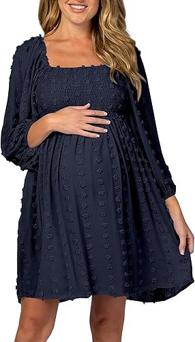 Ofenbuy Women's Long Sleeve Maternity Dress Square Neck Swiss Dot Casual Loose Short Dresses