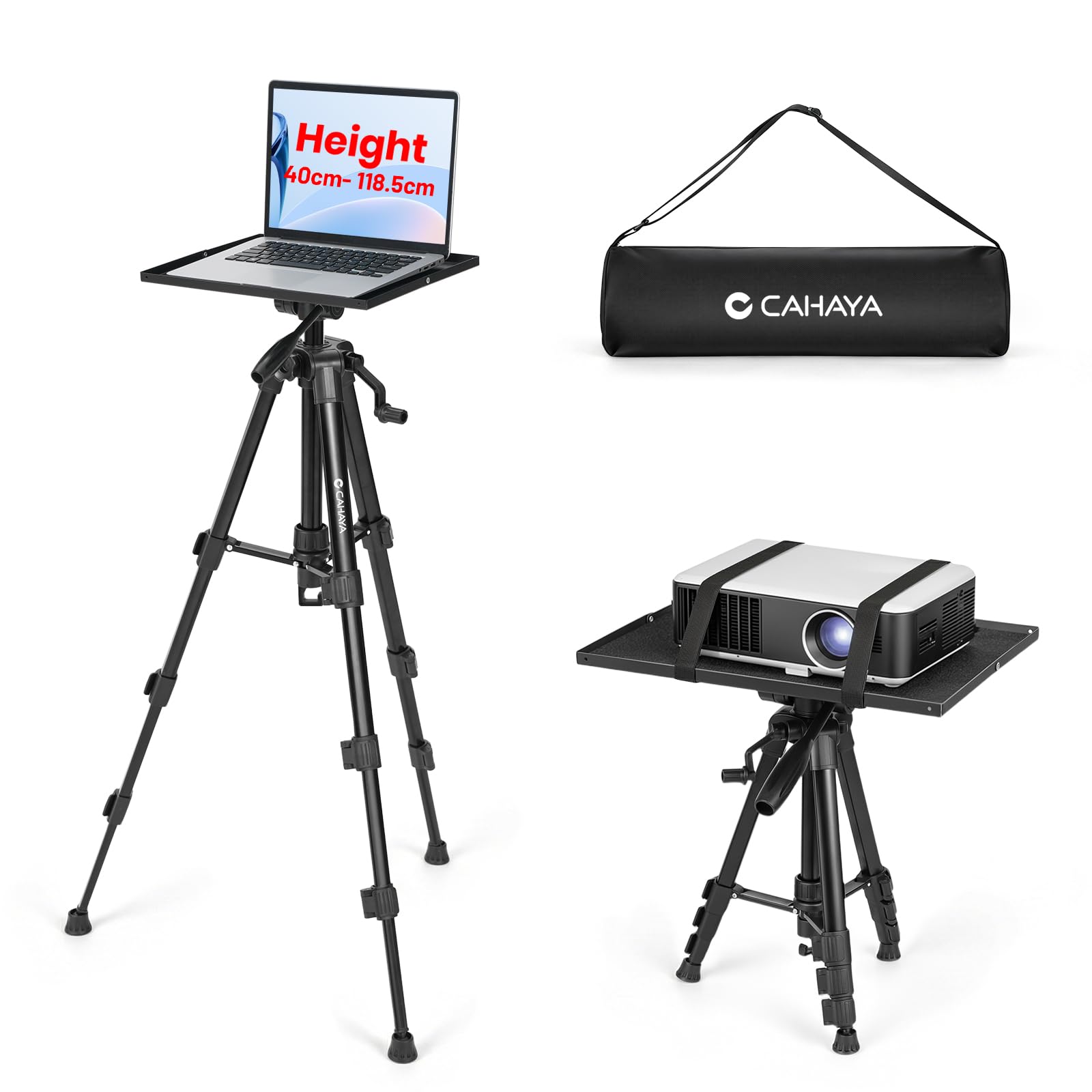 Cahaya Black Heavy Duty Projector Stand - Max Load 20Kg Adjustable Laptop Tripod With Tray 40.3-118.5Cm Portable Dj Equipment Mount 360° Rotation Level & Adaptive Feet For Outdoor Movie、Office、Studio