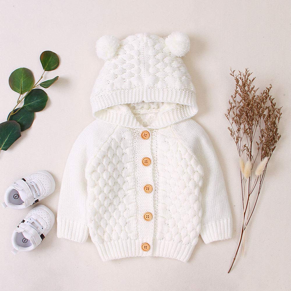 Baby Girl Knit Cardigan Sweater Hoodies Warm Tops Toddler Infant Bear Ear Outerwear Jacket Coat Outfit Clothes (White, 12-18 M)