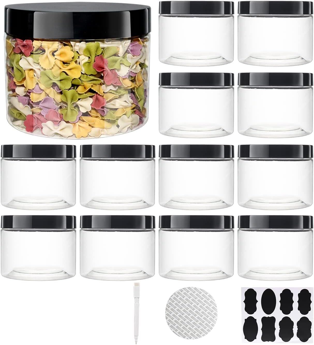 YBCPACK 12 Pack 16oz(500ml) Plastic Jars With Lids, Clear Plastic Storage Jars for Food Storage, Craft Storage, Pantry Storage jars For Dry Food, Snack, Peanut, Powder, Spice