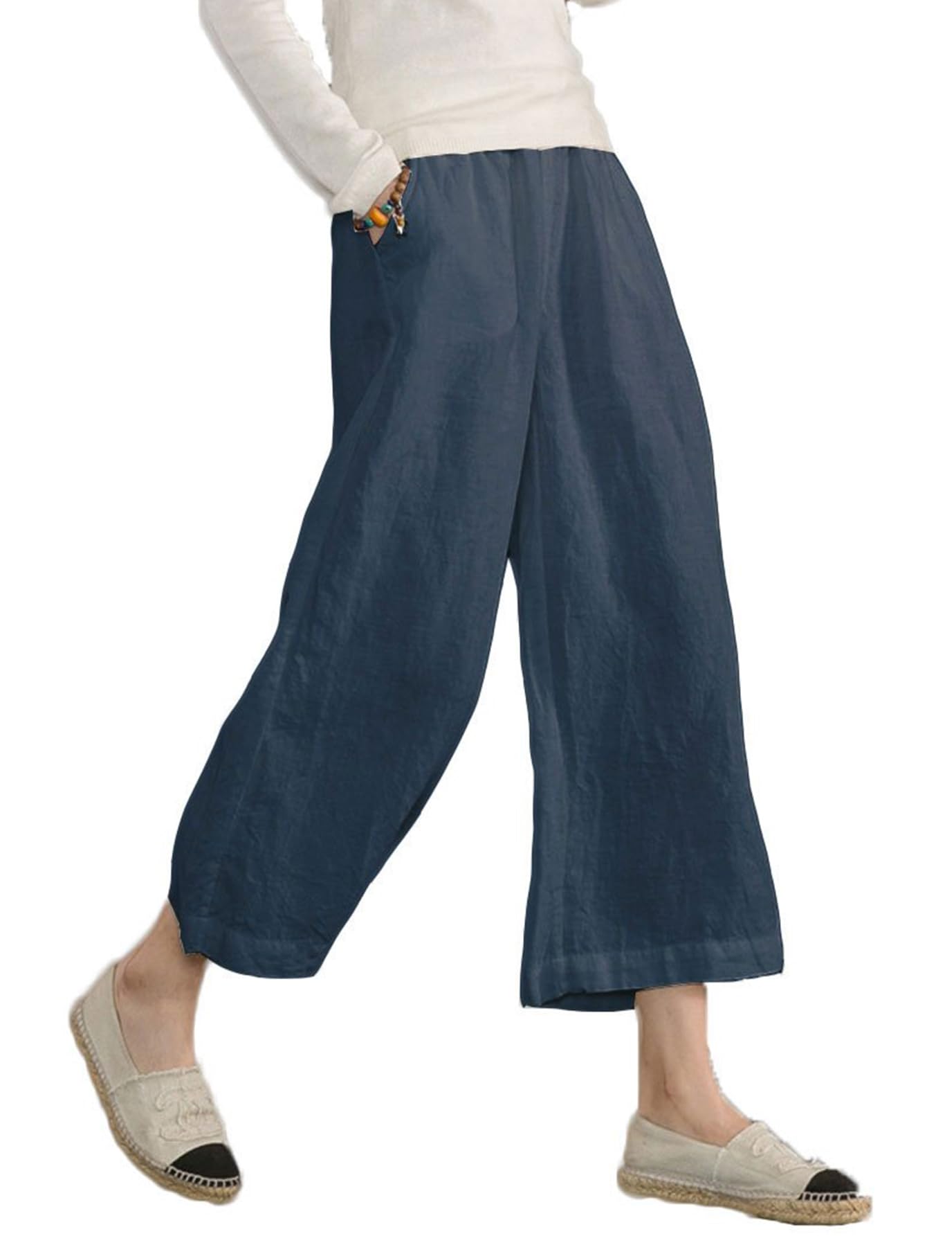 Ecupper Pantalon Femme Taille Elastique Pantalons Large Fluide Pantalon Cargo D'Été 7/8 en Coton