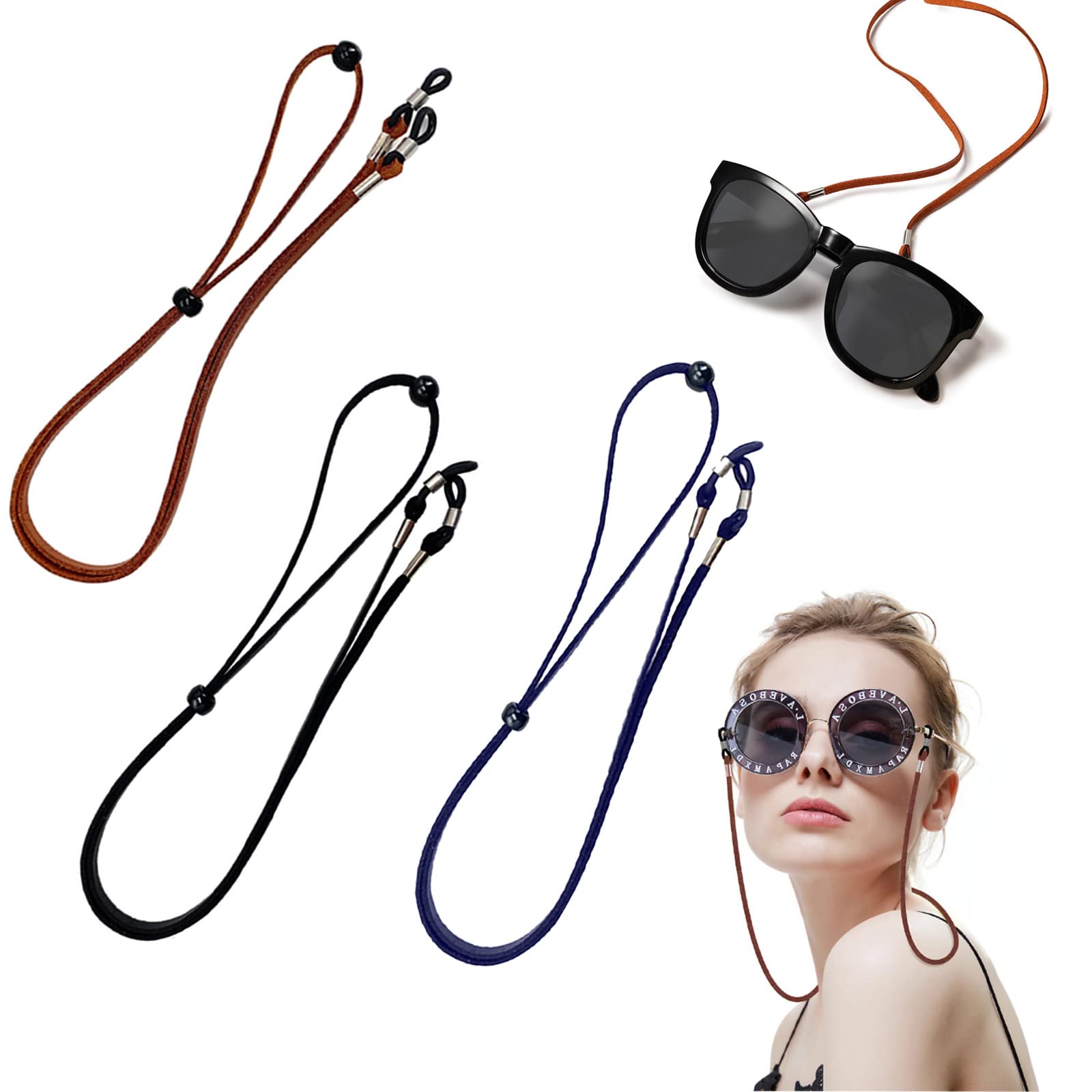 Tpubmity 3 Piezas Cordón de Gafa, 67cm Antideslizante Correa Gafas Cuero Ajustable, Cordones para gafas accesorios para gafas para Mujer Hombre