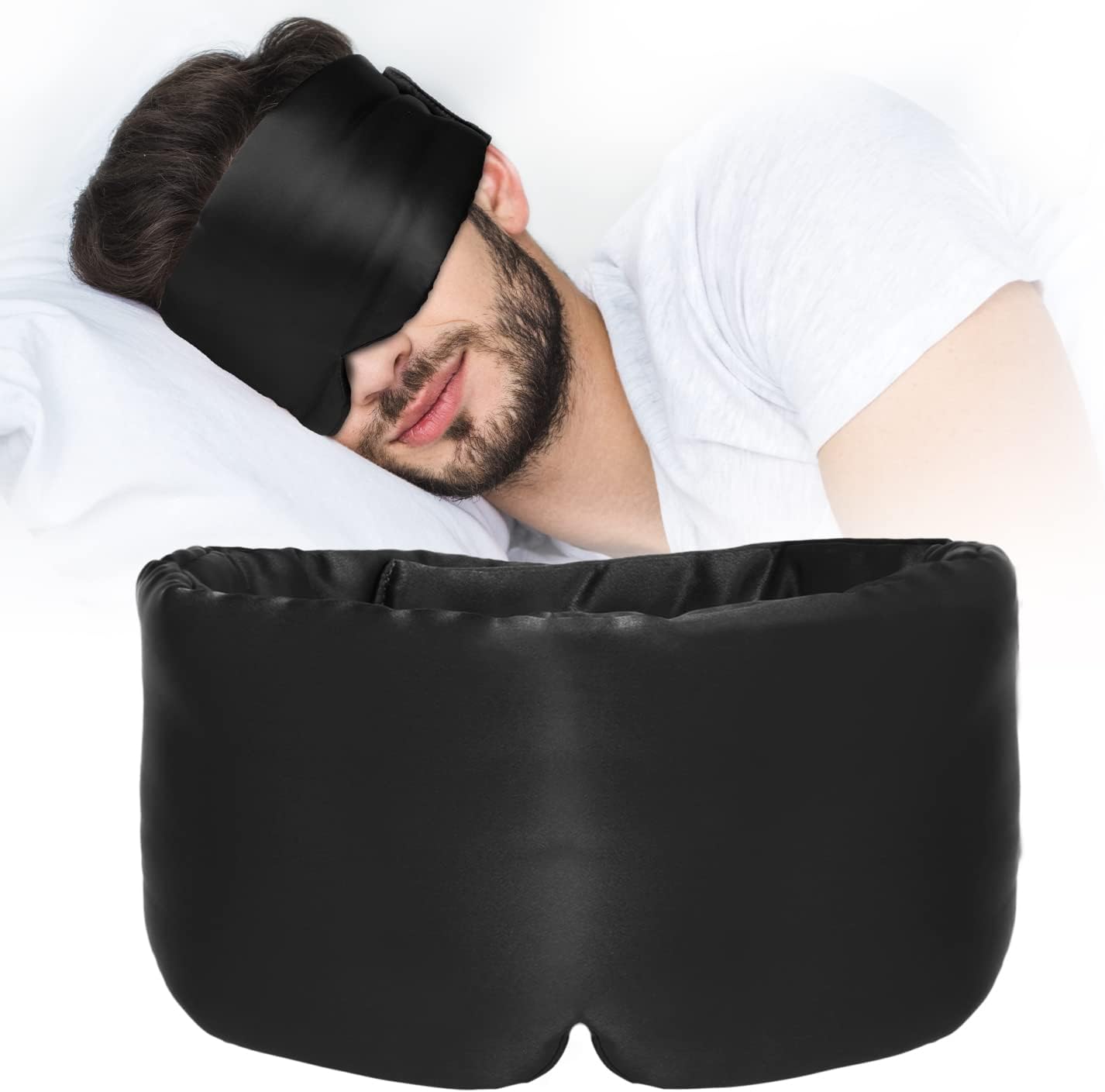 ATreebag Zijden slaapmasker voor vrouwen en heren, 100% huidvriendelijk zijden oogmasker, groot nachtmasker met verstelbaar klittenband voor thuis en op reis, 1 stuk (diepzwart)
