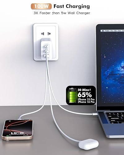 Miniatura 2 de GaN Cargador USB C de 100 W, cargador súper rápido de 3 puertos (puerto doble tipo C +A) de 100 W USB-C para laptop con cable C-C tejido de 6 pies