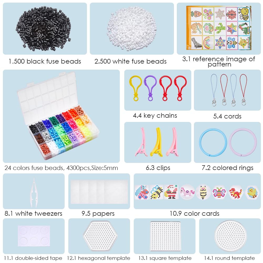 1 Scatola 24 Colori 4300 Pezzi Kit di Perline Fuse 5mm Perline da Fusione con Pannelli Forati Accessori per Catene di Carta da Stiro 1000 Pezzi Ricariche di Perline Fuse in Bianco e Nero per
