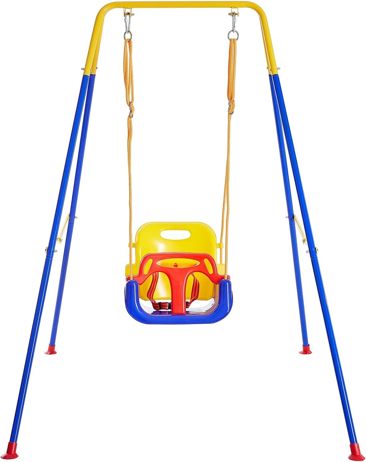 TDOO Toddler Swing Set, Heavy-Duty Indoor Outdoor Baby Swing Seat w/ Safety Harness&Handrails , Folding Metal Stand & Clear Instruction, Easy to Assemble & Store (Color-E)