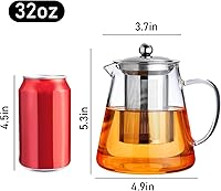 Vista 2 de PARACITY - Tetera de vidrio para estufa de 32 oz, tetera de té de borosilicato transparente con infusor extraíble de acero inoxidable 18/8, tetera